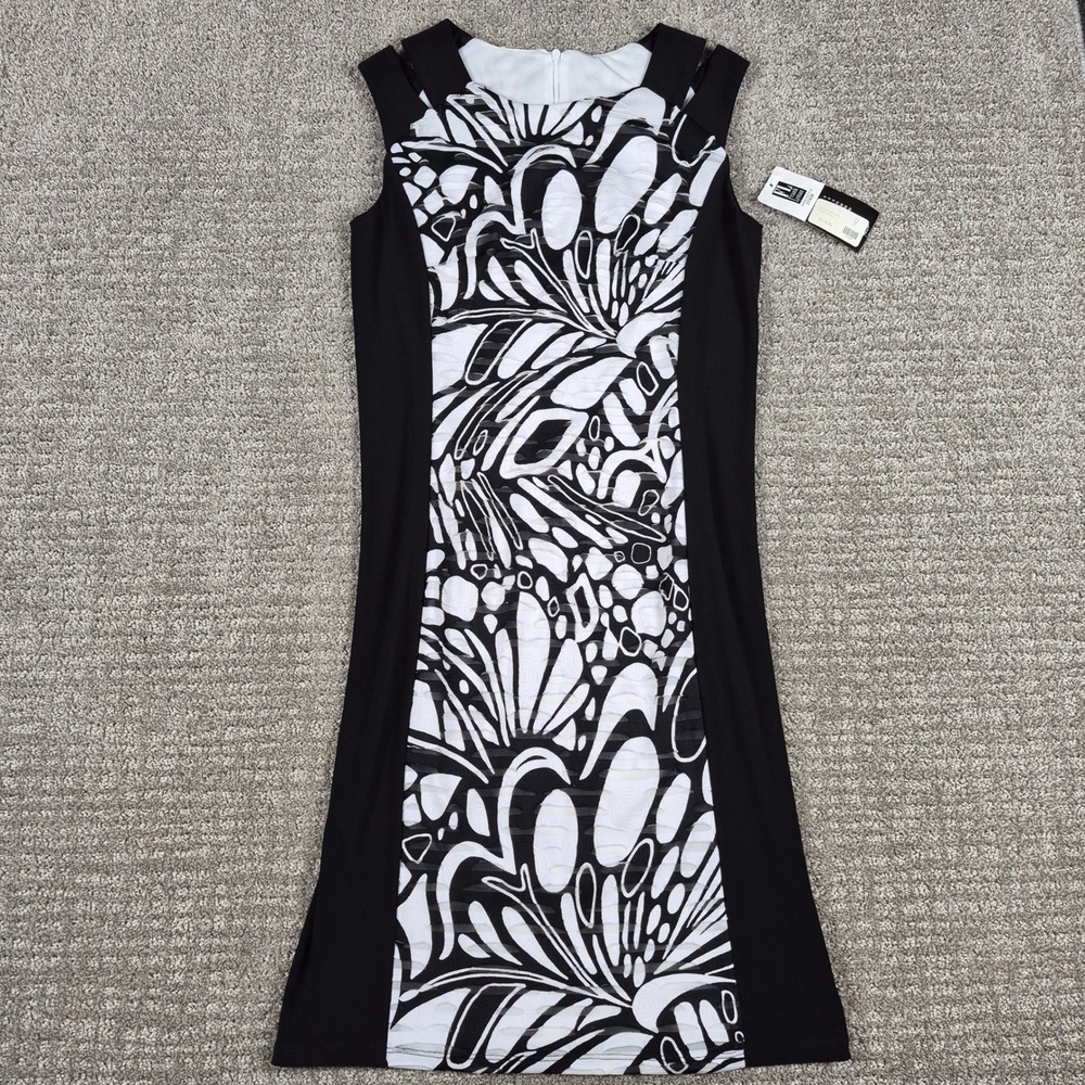 Frank Lyman Knit Dress Womens 8 Black White Abstract Floral Sheath 31426 NEW